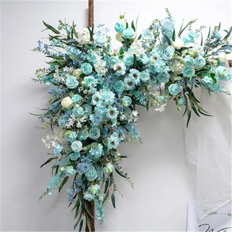 Outdoor Blue Rose Artificial Flowers Wedding Background Arch Flower Arrangement Decor Wall Hanging Flower Row Corner Floral Prop