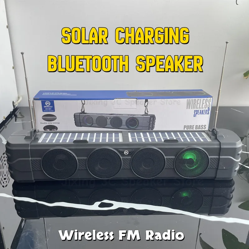 

Портативный динамик с солнечной зарядкой, многофункциональный уличный FM-радио, беспроводной сабвуфер, звуковая панель, USB-карта, аудио Caixa De Som, Bluetooth