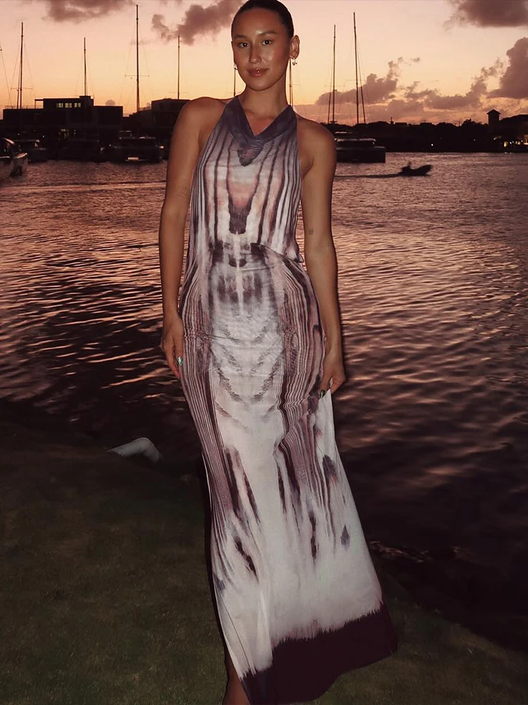 

Whatiwer Gradient Print Maxi Dress Women Sexy See Through Chain Backless Sleeveless Side Split Wild Style Club Party Vestidos