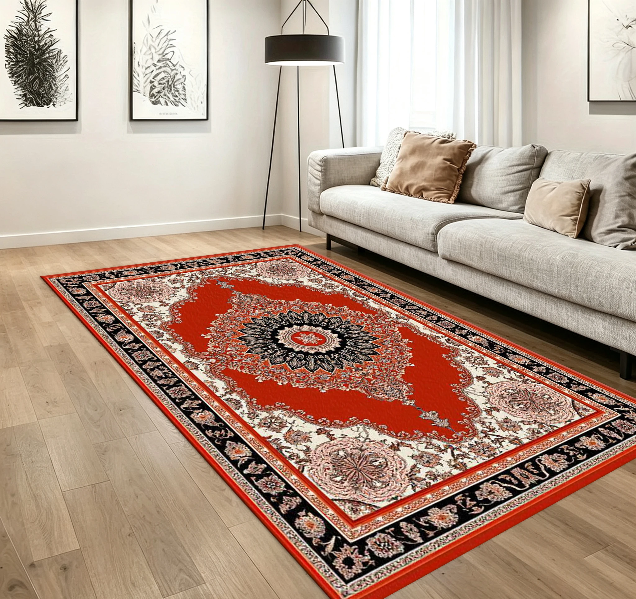 Classic Red Persian Carpet Flooring Traditional Oriental Medallion Floral Border Printed Area Rug for Household Hall Home Decoration