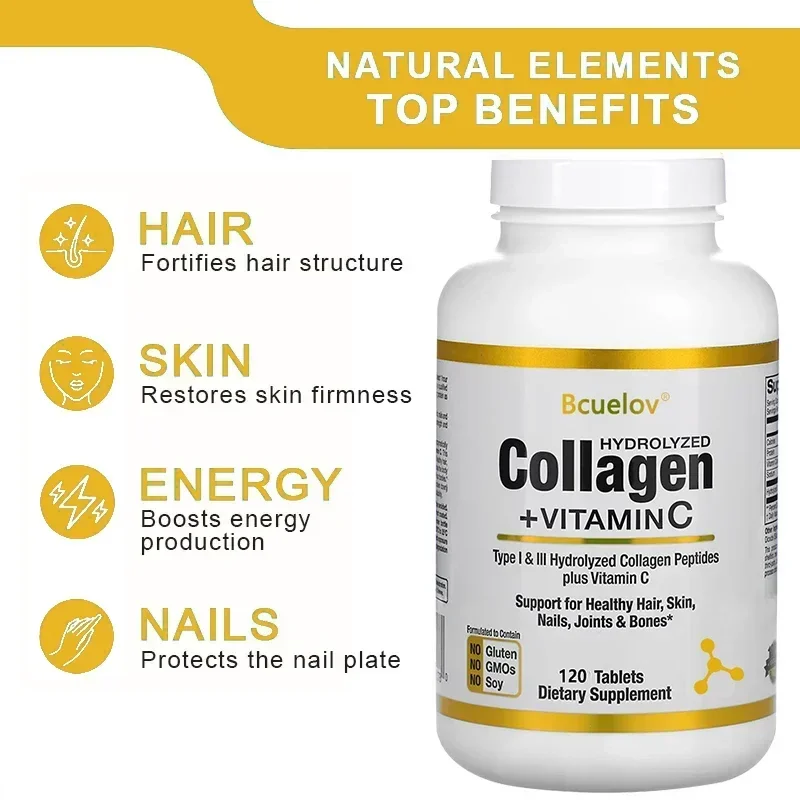 Hydrolyzed Collagen Peptides + Vitamin C, Types I & III Support Healthy Hair, Skin, Nails, Joints & Bones Boosts Immunity