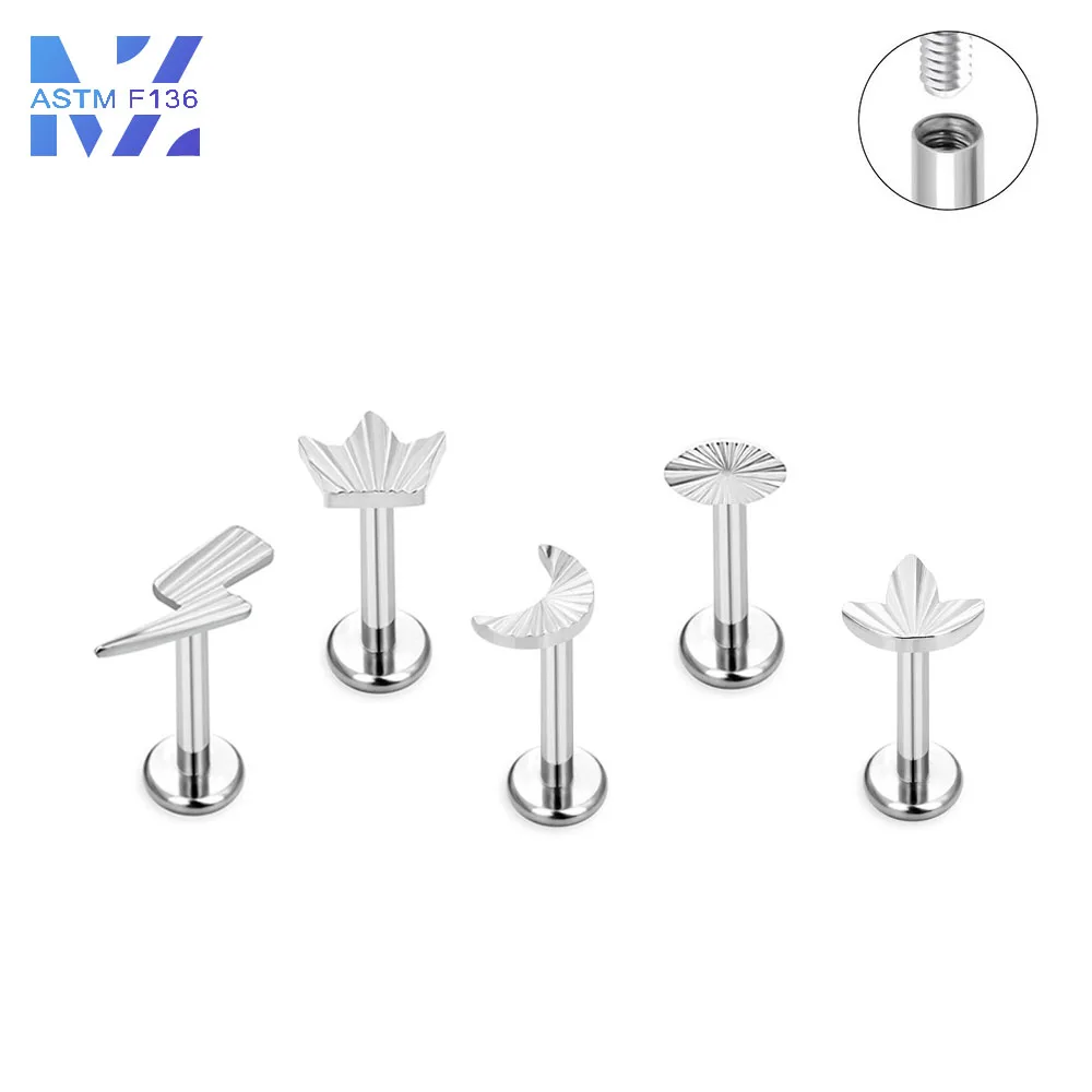 1 Pcs F136 Titanium Earrings Moon Crown Lightning Lip Stud Inner Thread 16G Ear Bone Stud Punk Style Body Piercing Jewelry