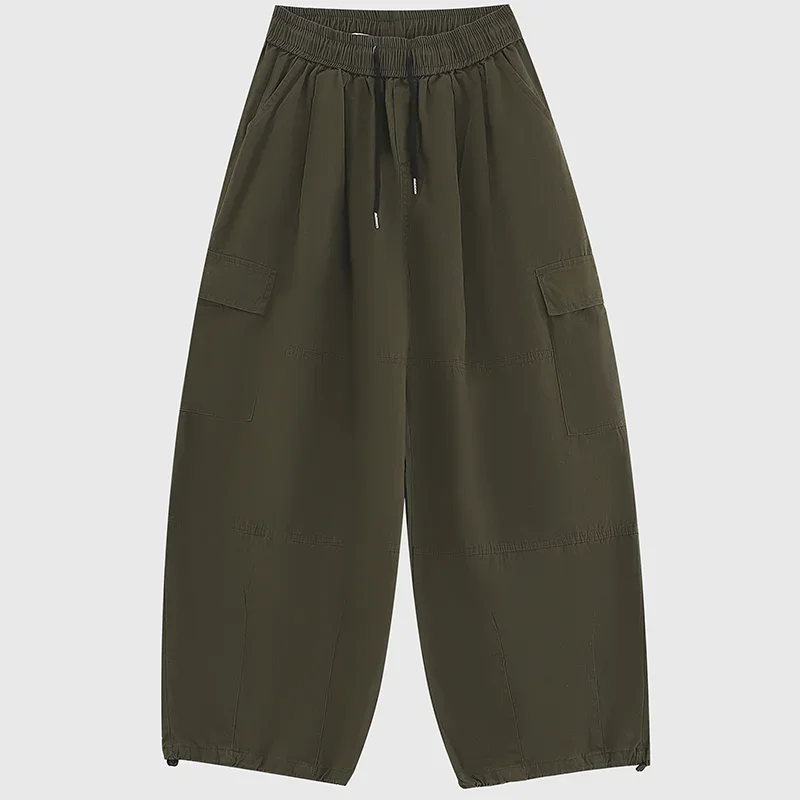 100% Cotton Men Cargo Pants Japanese Hip Hop Vintage Wide Leg Straight Regulate Trouser Leg Big Pocket Y2K Drawstring Bloomers