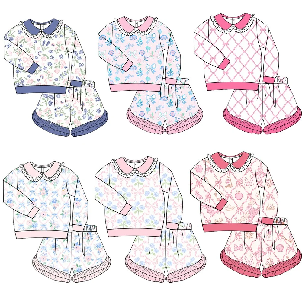Boutique Floral Print Toddler Girls Clothes Long Sleeve Ruffle Shorts Set Girls Lapel Casual Outfit
