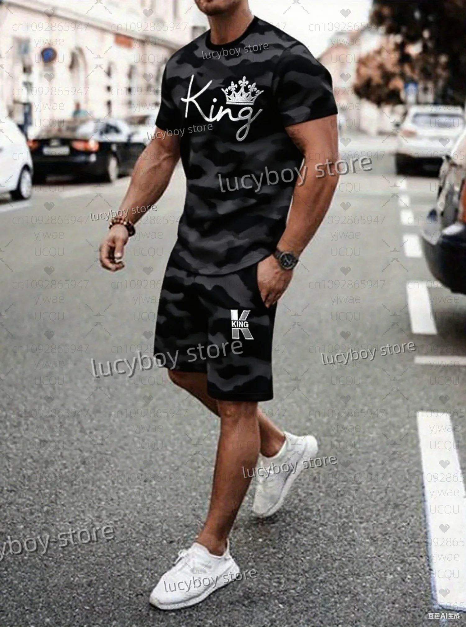 Summer Men 3D Camouflage KING  Print Set Short Sleeve T-Shirt Shorts Set Adult Sport Jogging Plus Size Tracksuit 2 Piece Set