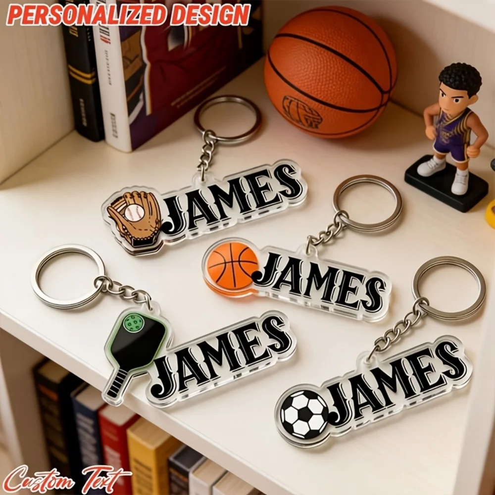 Customized Text Acrylic Ball Games Keychain, Customized Label Keychain Pickle Ball, Baseball, Basketball, Football, Team Gift