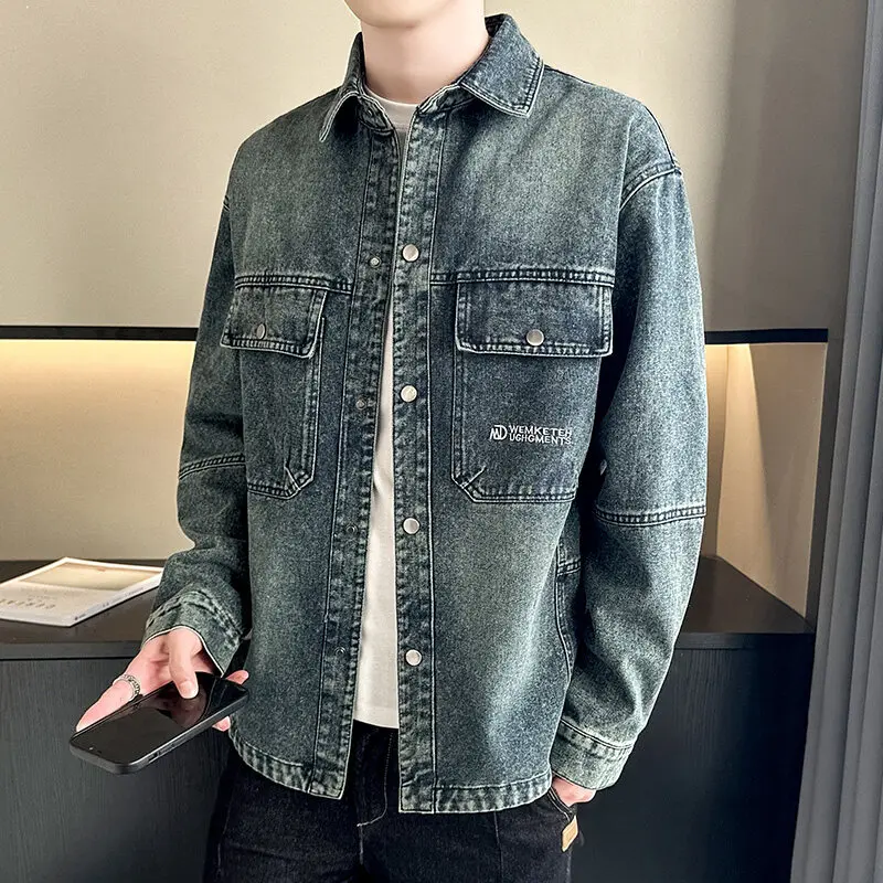 سترة الدنيم المغسولة للرجال: قميص جينز أزرق مغسول ومسامي ومتين ومتعدد الاستخدامات وفضفاض كلاسيكي كلاسيكي.