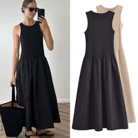 HXAO vestido negro para mujer, vestido largo ajustado sencillo con cuello redondo sin mangas, vestido de vacaciones, vestidos casuales de calle, vestido de verano para mujer 2025