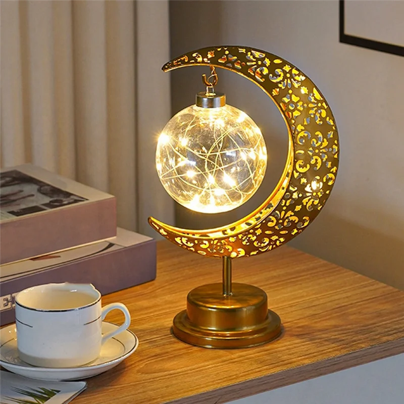 Venda superior lua de ferro bola redonda estilo muçulmano modelagem lâmpada decorativa quarto mesa férias atmosfera lâmpada