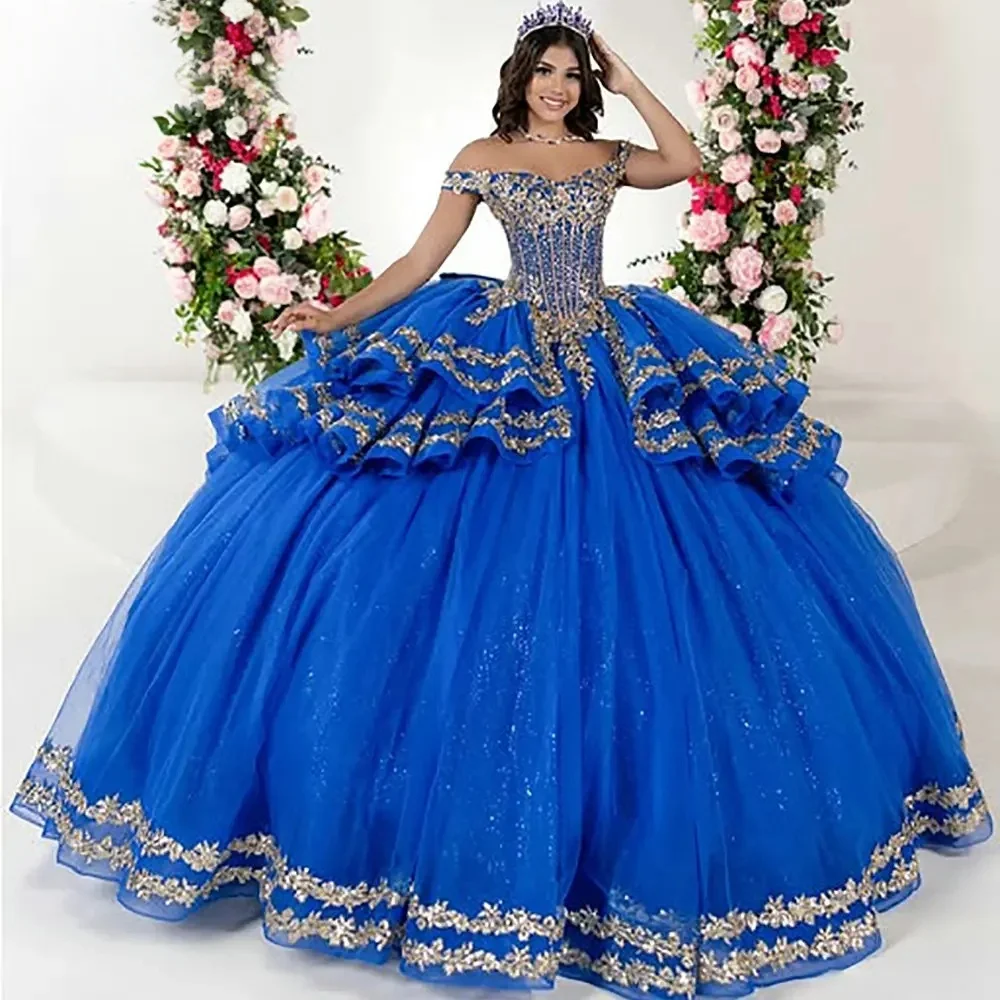 Koningsblauw Charro Quinceanera Jurken Baljurk Schoudervrij Applicaties Mexicaanse Sweet 16-jurken 15 Anos Op maat