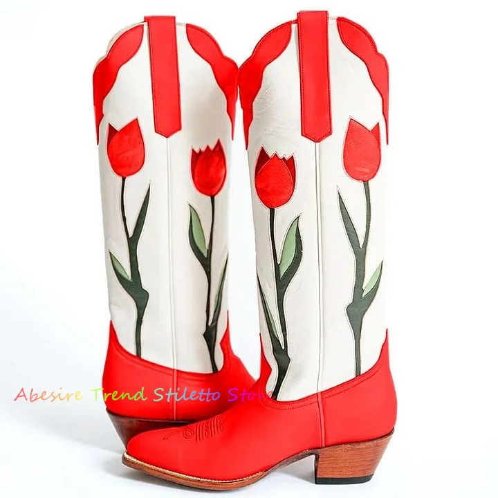 Pink Flower Print Embroidered Chunky Heel Knee High Boots Ladies Leather Wooden Heel Summer New Trending Girls Boots