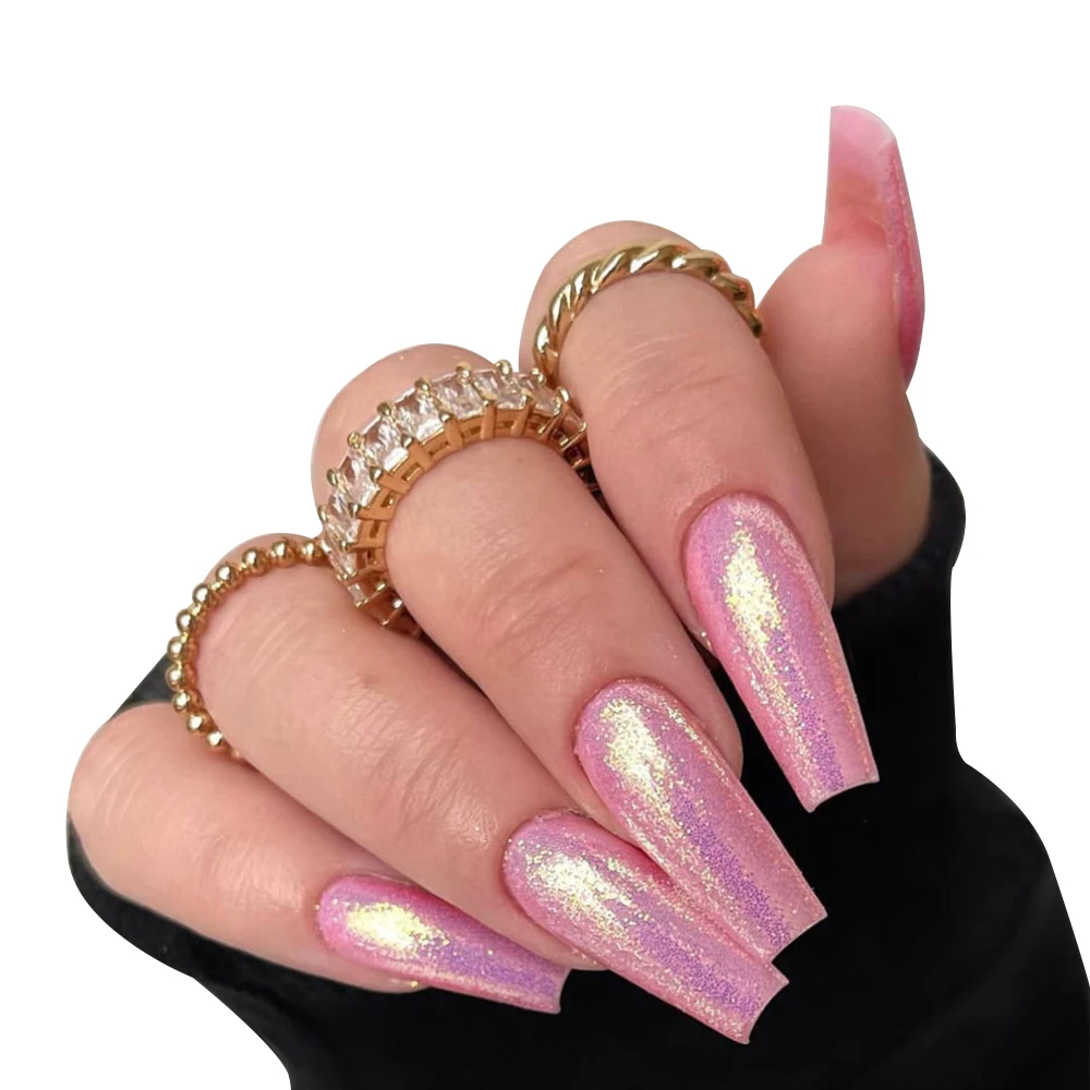 Ensemble de faux ongles à pression, 24 pièces, rose, ballerine, couverture complète, à paillettes, N64.Design