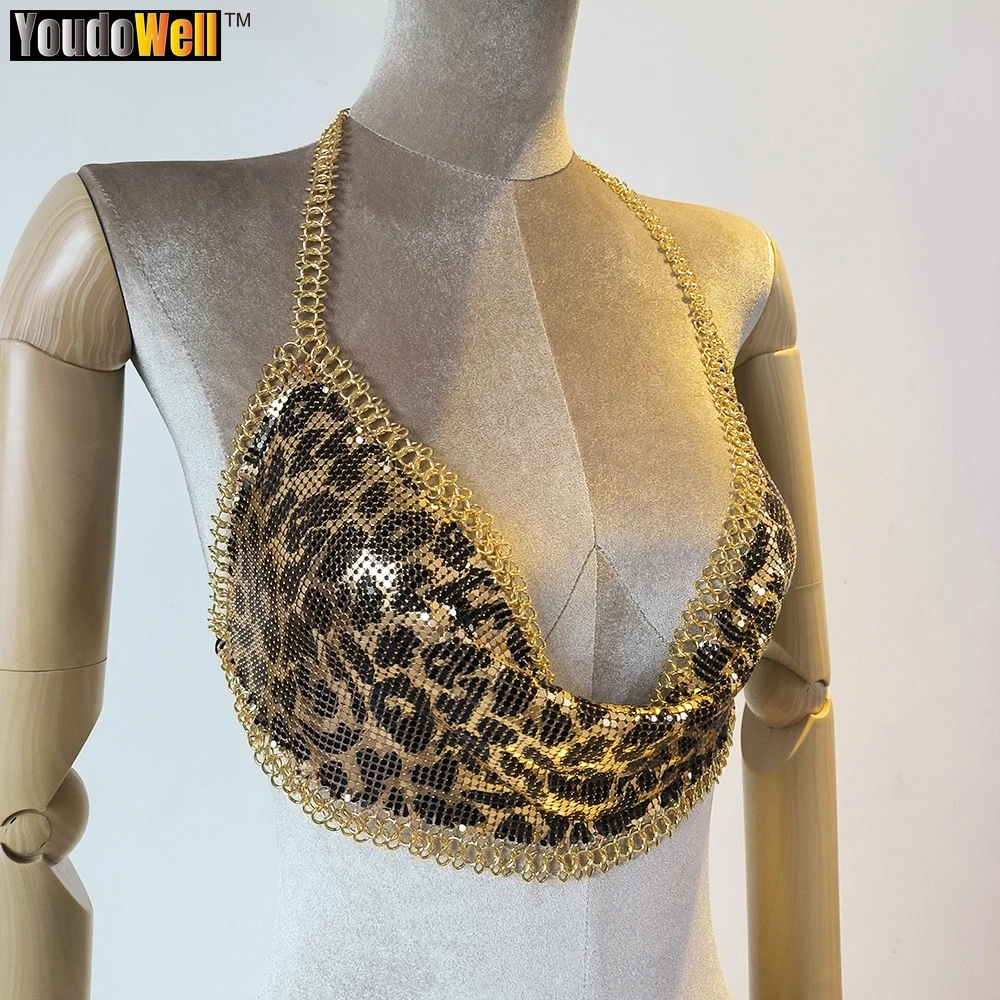 Imagem -04 - Camiseta de Lantejoulas com Estampa Leopardo Corrente de Oito Caracteres Colete Sexy sem Costas Super Curto Moda na Rua Moda Festa Y2k