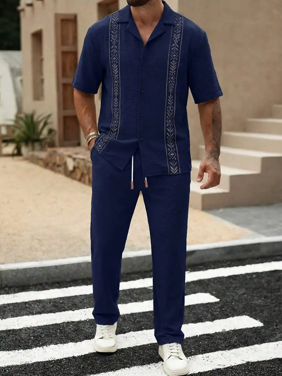 

Mens Crinkle Fabric Short Sleeve Shirt And Drawstring Pants Set Casual Vacation Outfit