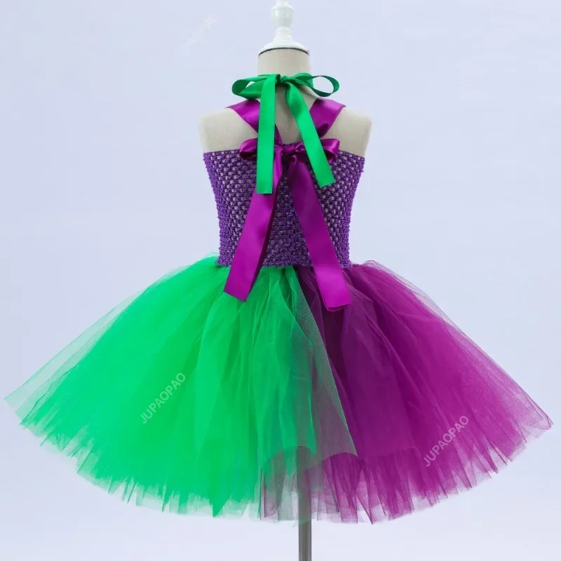 New Models Kids Girls Halloween Joker Clown Cosplay Party Costume Knit High Quality Mesh Tutu Tulle Dresses with Gloves