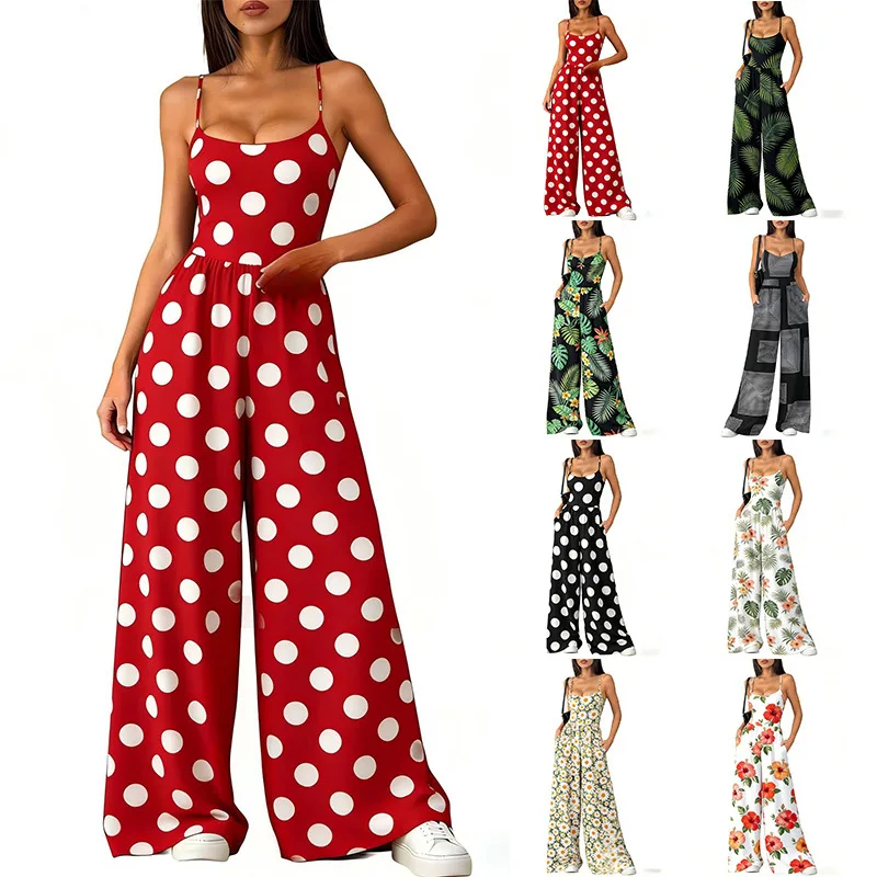

Women's Sexy Backless Camisole Printed Jumpsuit Summer Vacation Jumpsuits For Women Комбинезон Женский Облегающий