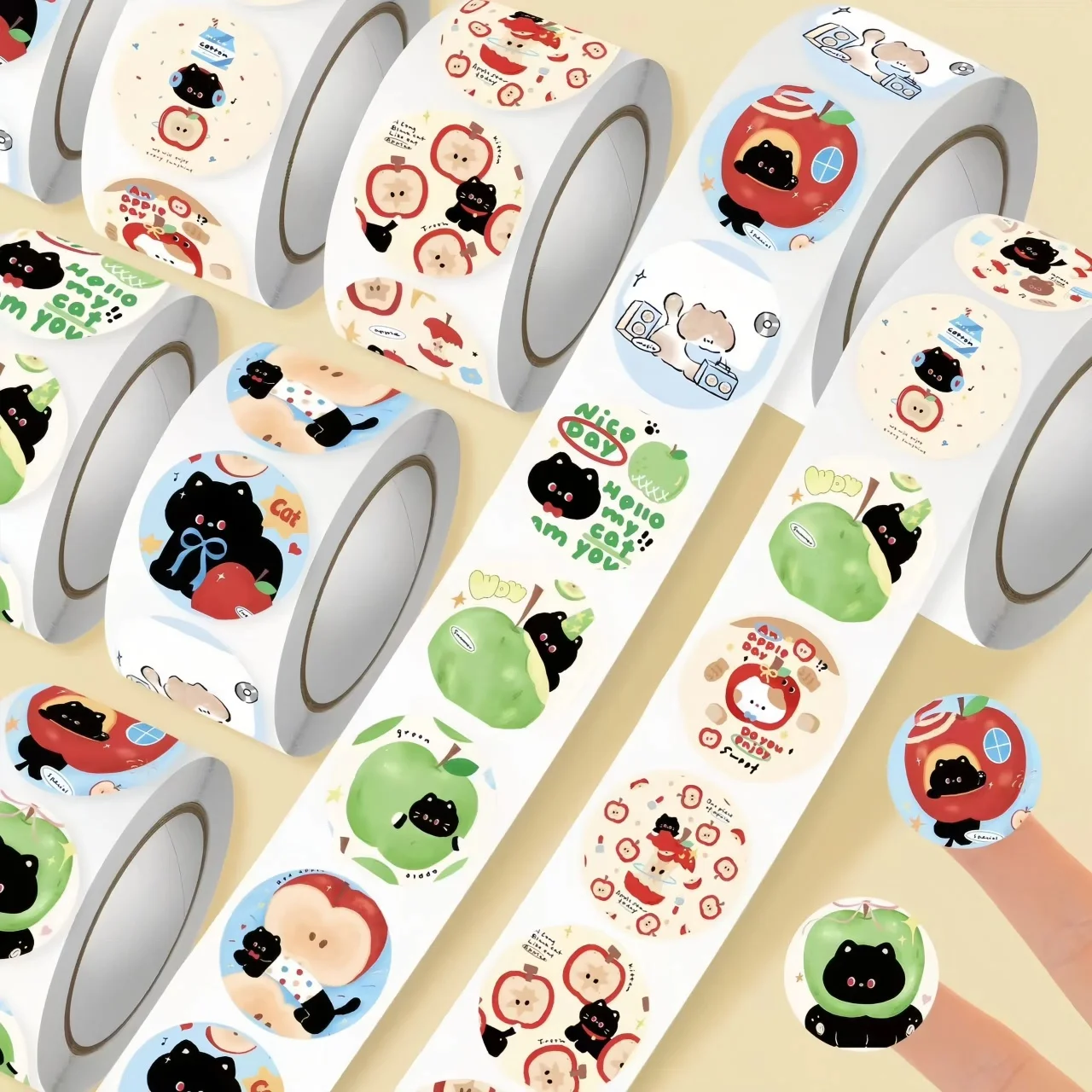 500 قطعة من لفة ملصقات القطة السوداء والتفاح كاواي - 14 أنماط لطيفة لمخطط سجل القصاصات بنفسك والهدايا لمحبي القرطاسية