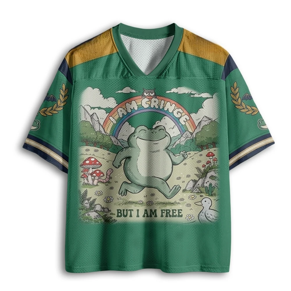 Vintage Forest Frog Rainbow Funny Slogan Print Green Mustard Color Block Mesh V Neck Loose Football Jersey T-shirt