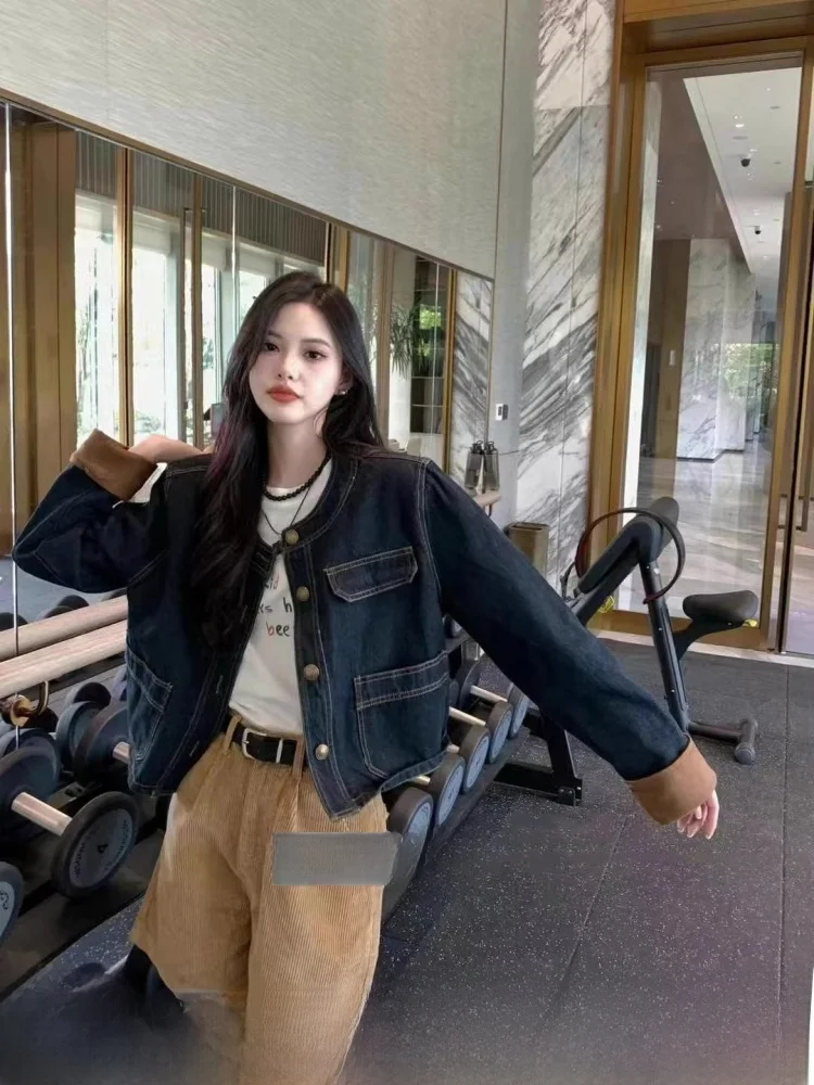 

Retro Denim ort Jaet Women's round Ne Small Size Coat Top Button Design Casual Sle Long Sve Pure Color Autumn Wear