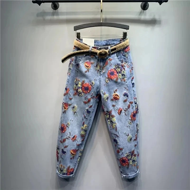 Autumn New Flower Print Jeans Women High-Waist Loose-Fit Denim Pants Large Size Personality Streetwear Harem Jeans Trousers Lady