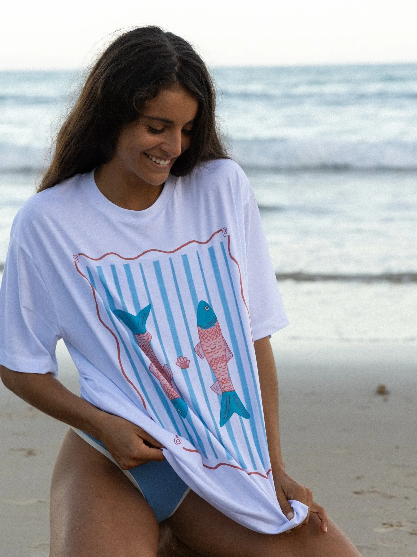Retro American Summer Ocean Vacation Printed Loose Cotton Short Sleeve T-Shirt for Women round Neck Casual Fit Tee