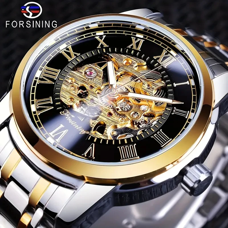Men's Luxury Mechanical Watch - Stylish Business Skeleton Design, Stainless Steel Strap, Roman Numerals, Transparent Case Back, Perfect Gift for Him, Luxurious Gift for Him | Skeleton Watch | Mechanical Movement, No Batteries Required