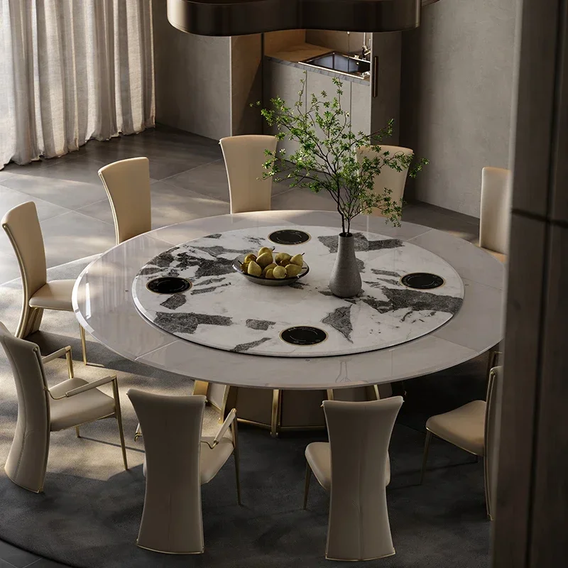 Dining room furniture Electric dining table Large round table Villa whole house with design Induction cooker Natural marble