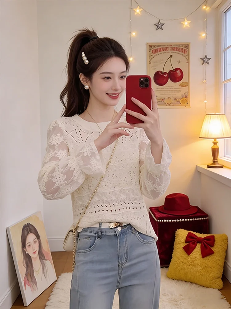 

Loose Long Sleeve Knitted Top Women's Casual round Neck Base Shirt Spring Autumn New Style Korean Laid-back Style Hollow out
