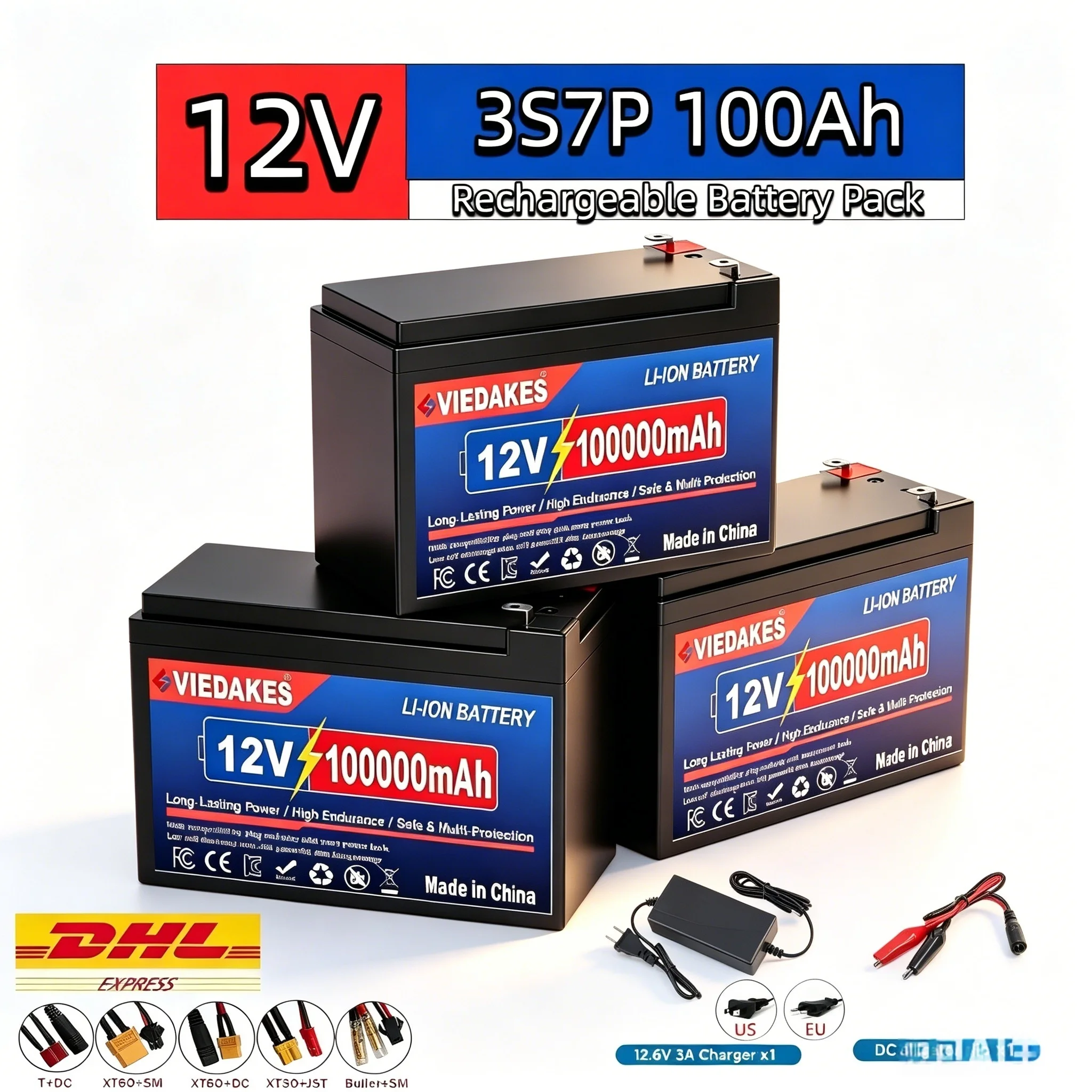 VIEDAKES Brand New 3S7P 12V 100Ah LiFePO4 18650 Battery Pack Power Bank Anti-Shock Design for Off-Road Vehicle Power