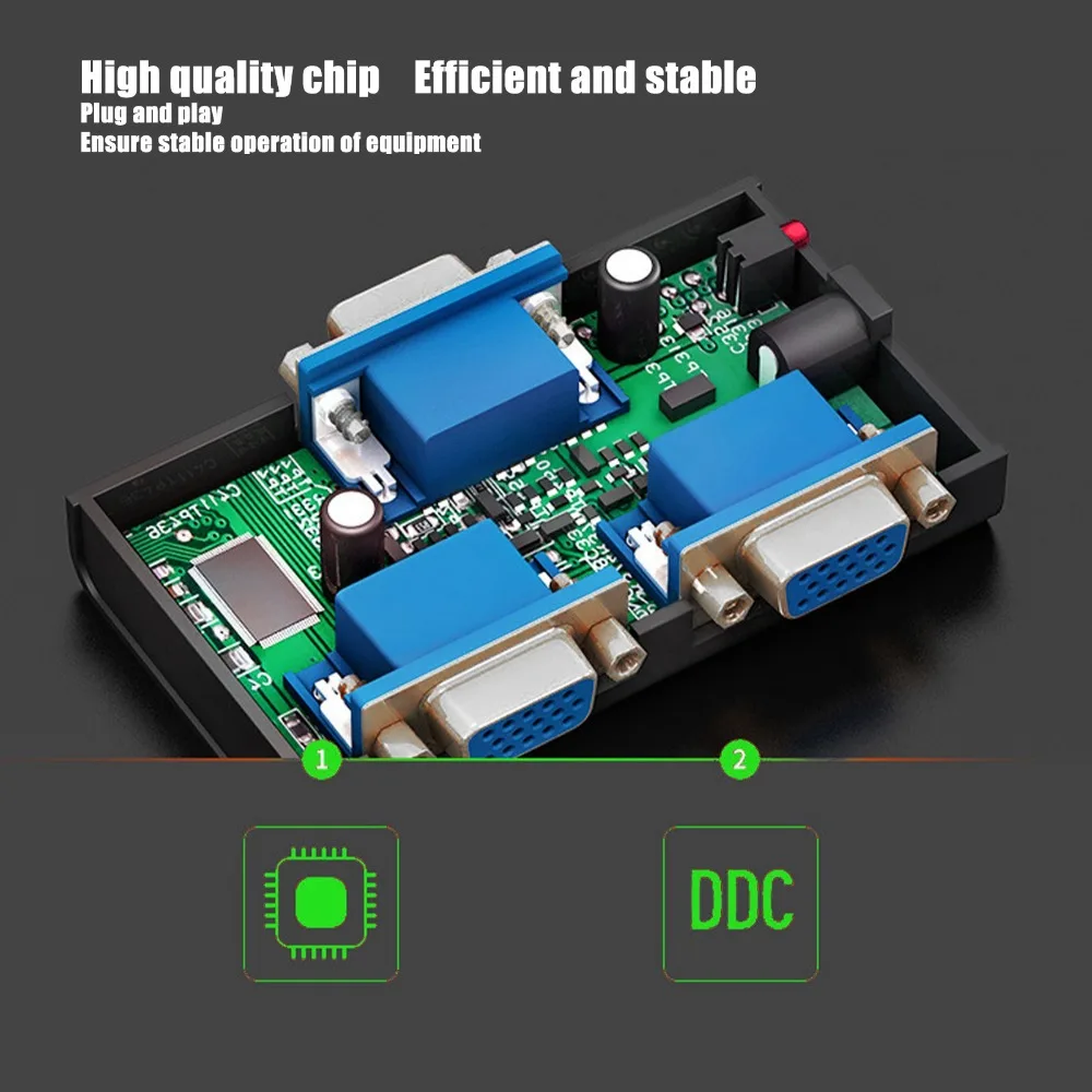 

1 in 2 Out VGA Splitter 1920x1440 1080P USB Powered Video Splitter 250MHz VGA Splitter Amplifier Screen Duplication