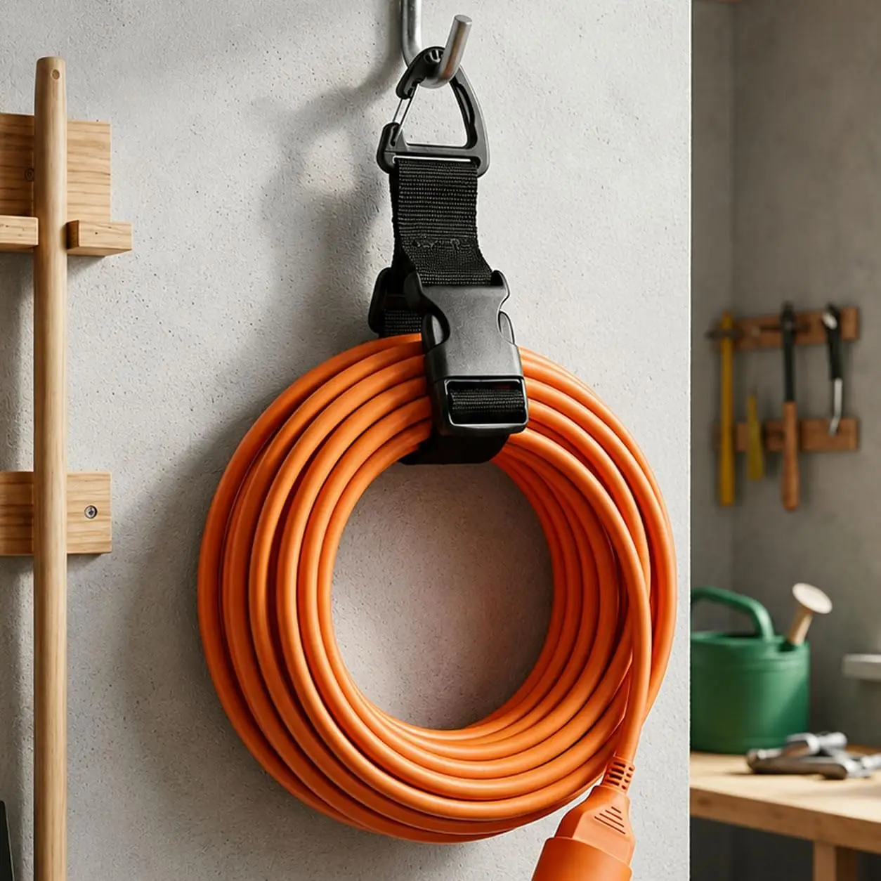 45cm Black Adjustable Extension Cord Organizer with 3-Axis Buckle - Heavy-Duty Storage Strap for Workshop & Garage Organization
