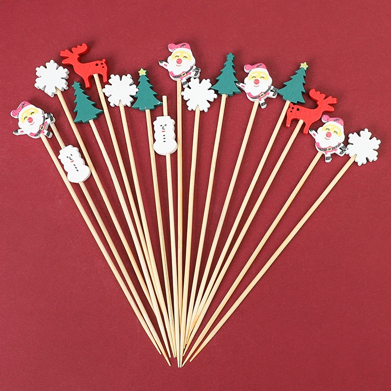 

100Pcs Christmas Fruit Sticks Bamboo Toothpicks Food Skewer Cocktail Picks Cupcake Topper Christmas Party Decor New Year Gift