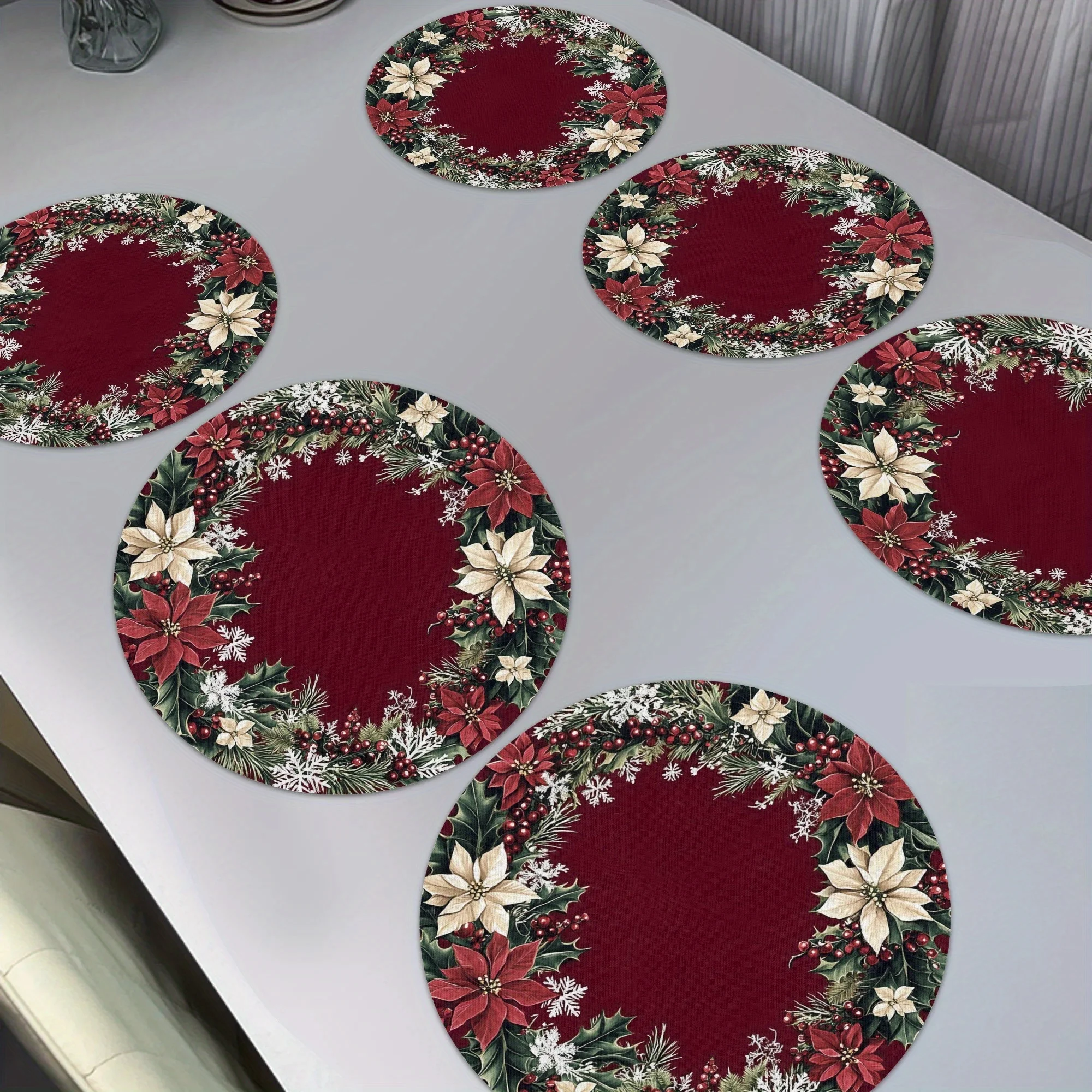 VIKAMA 6PC Christmas Holly Berry Meal Mat Holly Leaves Red Berries Snow Table Restaurant Christmas Party Decoration
