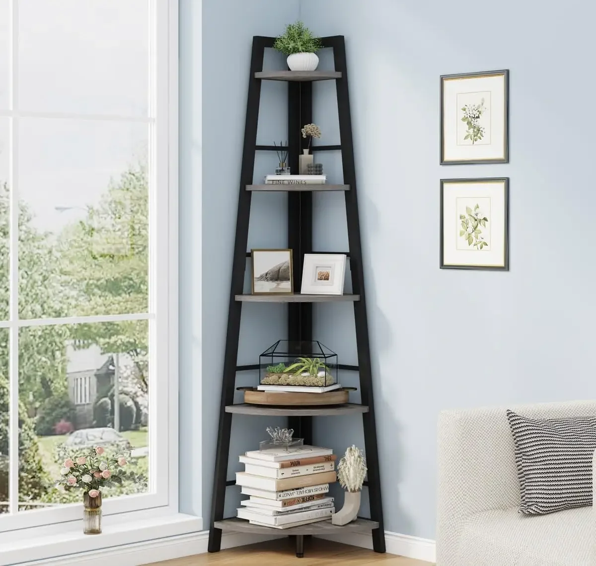 BON AUGURE Rustic Tall Corner Bookshelf, 5 Tier Wood and Black Metal Corner Ladder Shelf, Industrial Corner Bookcase and Gray C