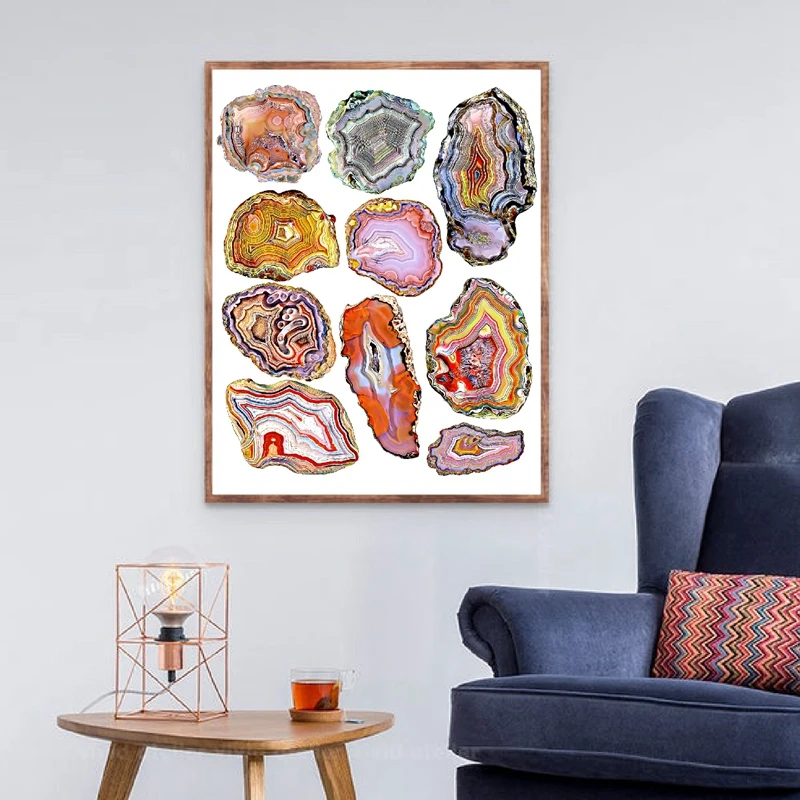 Crystal and Agate Print Crystal & Mineral Identification Chart Poster Natural Science Rocks Wall Art Decoration Canvas Painting