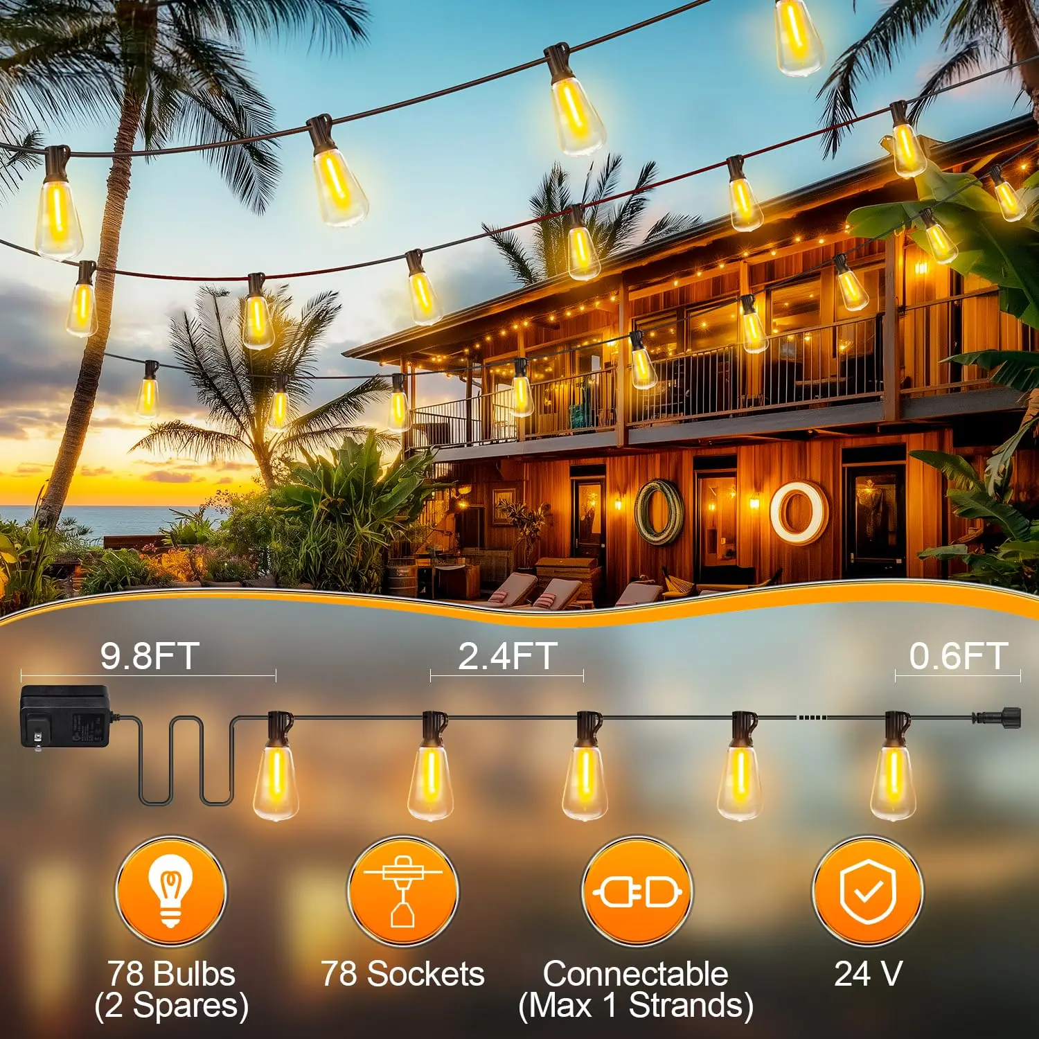 Lampu String LED Outdoor 200FT Tahan Air 2700K ST38 Lampu Globe LED Outdoor untuk Patio dengan Lampu Bohlam untuk Taman