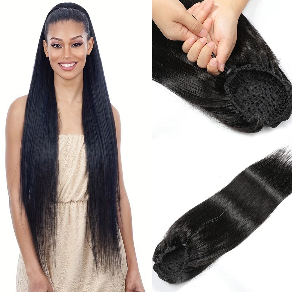 

Прямые человеческие волосы на шнурке для чернокожих женщин, натуральный черный хвост на шнурке, наращивание бразильских девственных волос