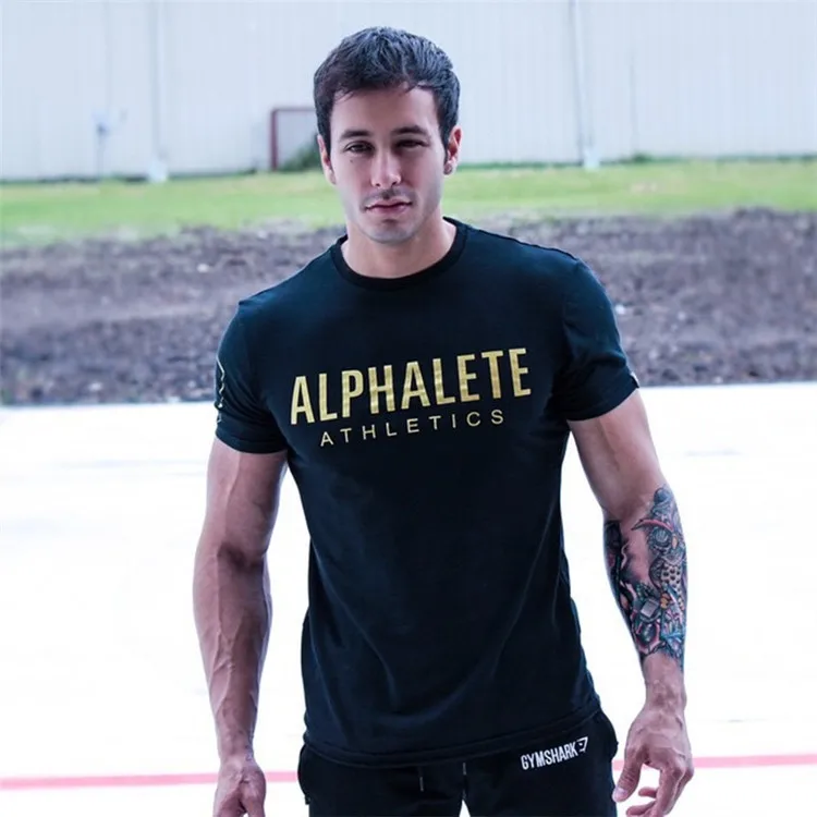 Men Muscle Shirts Cotton Elastic Slim Fit for Men Workout Casual Bodybuilding T-shirt Letter Printed