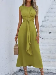 Women's Summer Solid Color Waistband Long Sleeveless Dresses Fashion Slim Elegant Female Beach Holiday Dress 2025