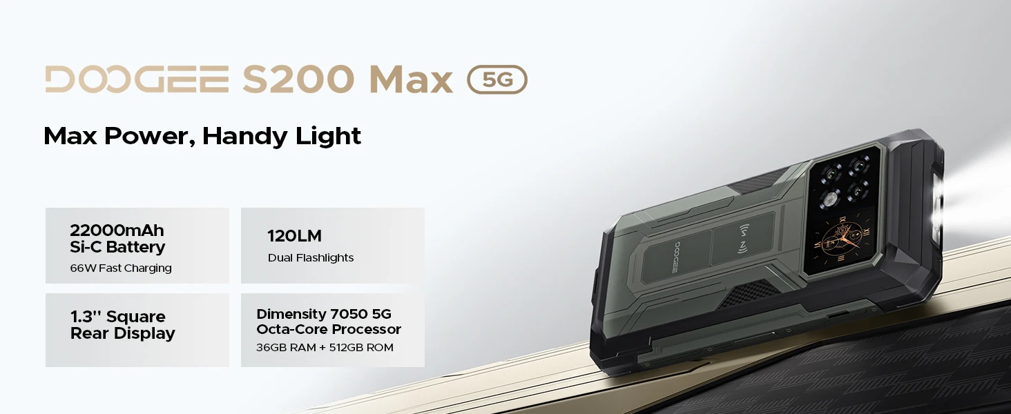 DOOGEE S200 Max 5G Rugged Phone 1.32' Rear Display Dual Light Flashlight 16GB 512GB 22000mAh 6.72'' 120Hz Screen Smartphone NFC