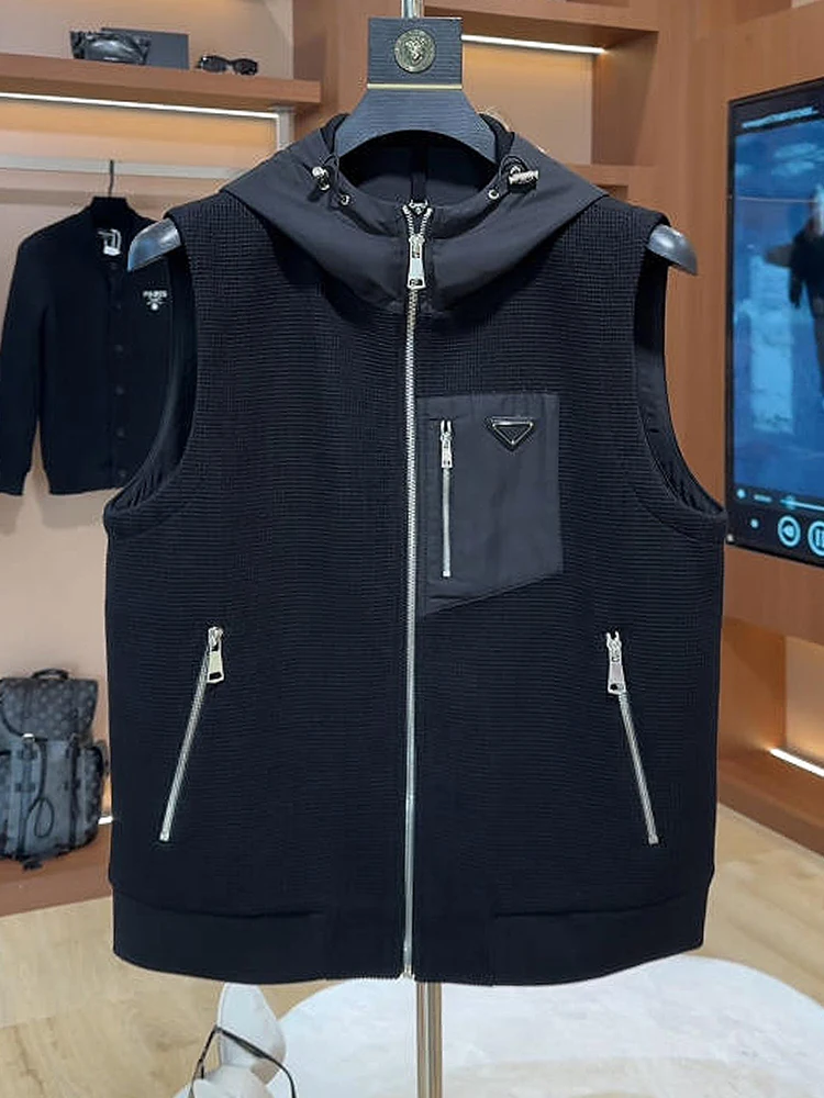 

Мозный вязаный мужской жилет, повседневный сращенный дизайн, осень-зима, простой с капюшоном, кантон, оulder, стандартный крой, молодежный Ci Sle