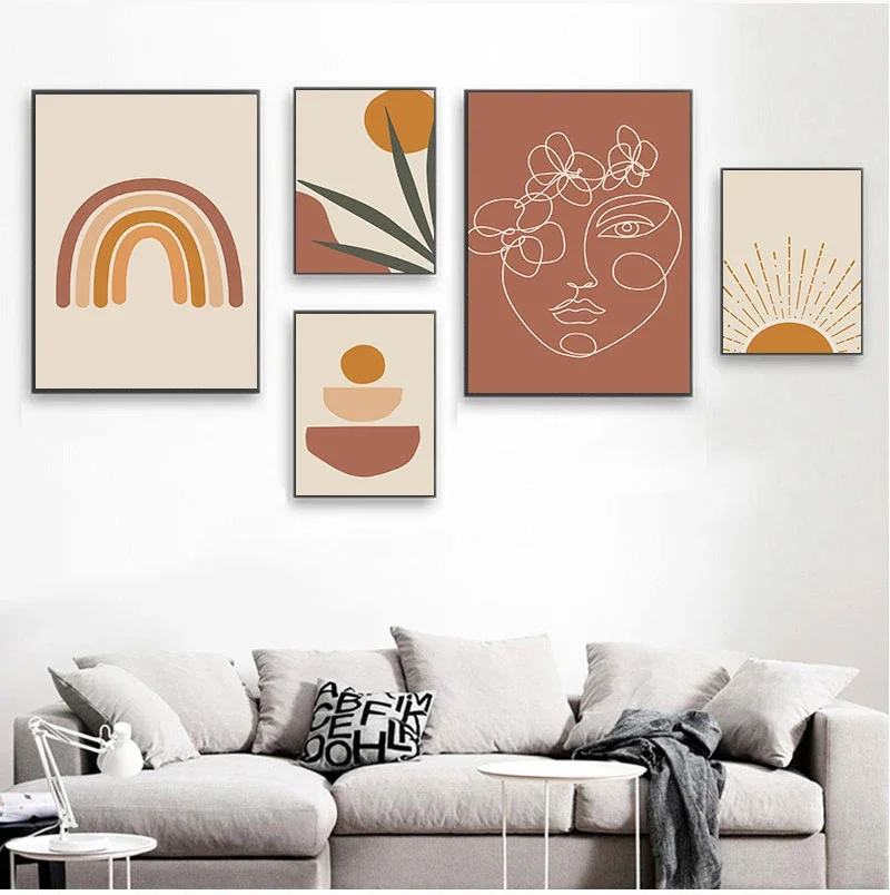 1pc frameless Canvas Painting Abstract Burnt Orange Wall Art Canvas Painting Terracotta Rainbow Minimalist One Line Face Drawing