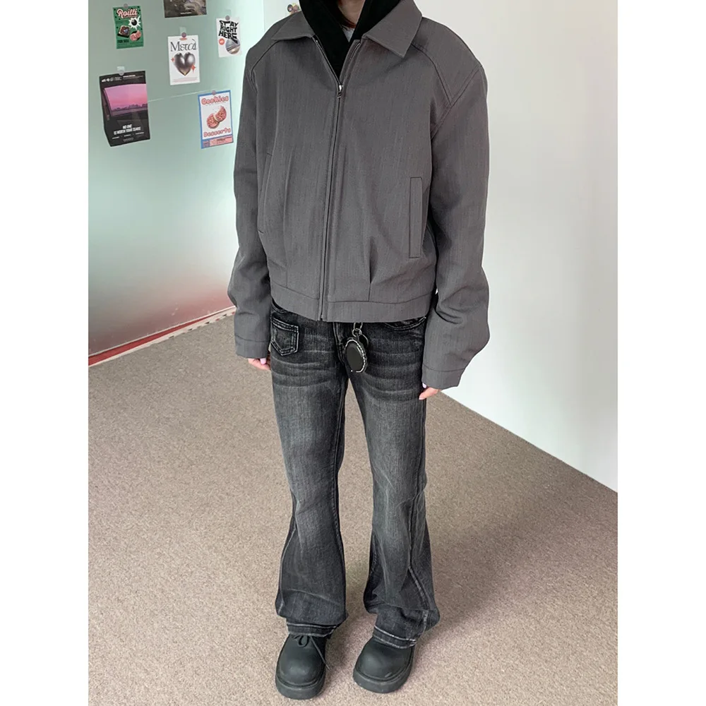 

Американские винтажные новые модные мужские однотонные повседневные модные простые базовые свободные куртки на молнии с отложным воротником мужские пальто топы