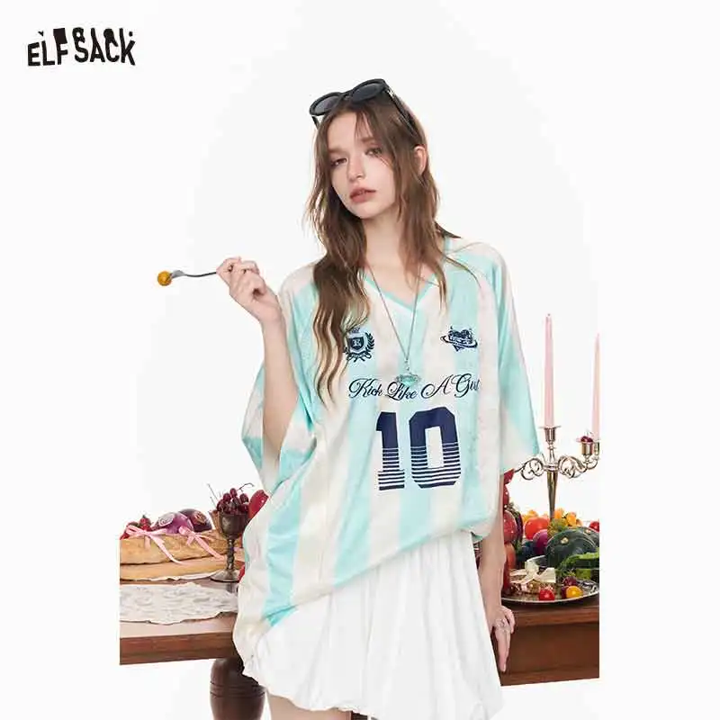 ELFSACK Women's Number Print Soccer Jersey T-Shirt, Vintage V-Neck Color Block Top, Loose Fit Casual Sporty Tee for Summer