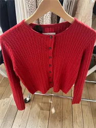 Red Twist flower Knitted Sweater Cardigan O-Neck Single Breasted Long Sleeve Slim Coat Vintage Streetwear Simple Crop Top Y2K