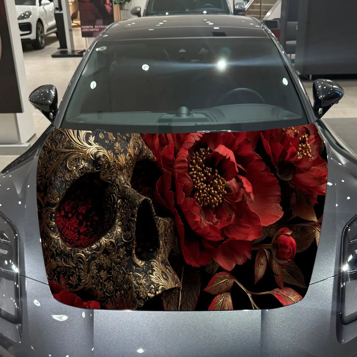 Gilded Skull Peony Dominance Scene PVC Car Hood Wraps, Self-Adhesive Waterproof Car Bonnet Decal Sticker, Car Decoration Protect