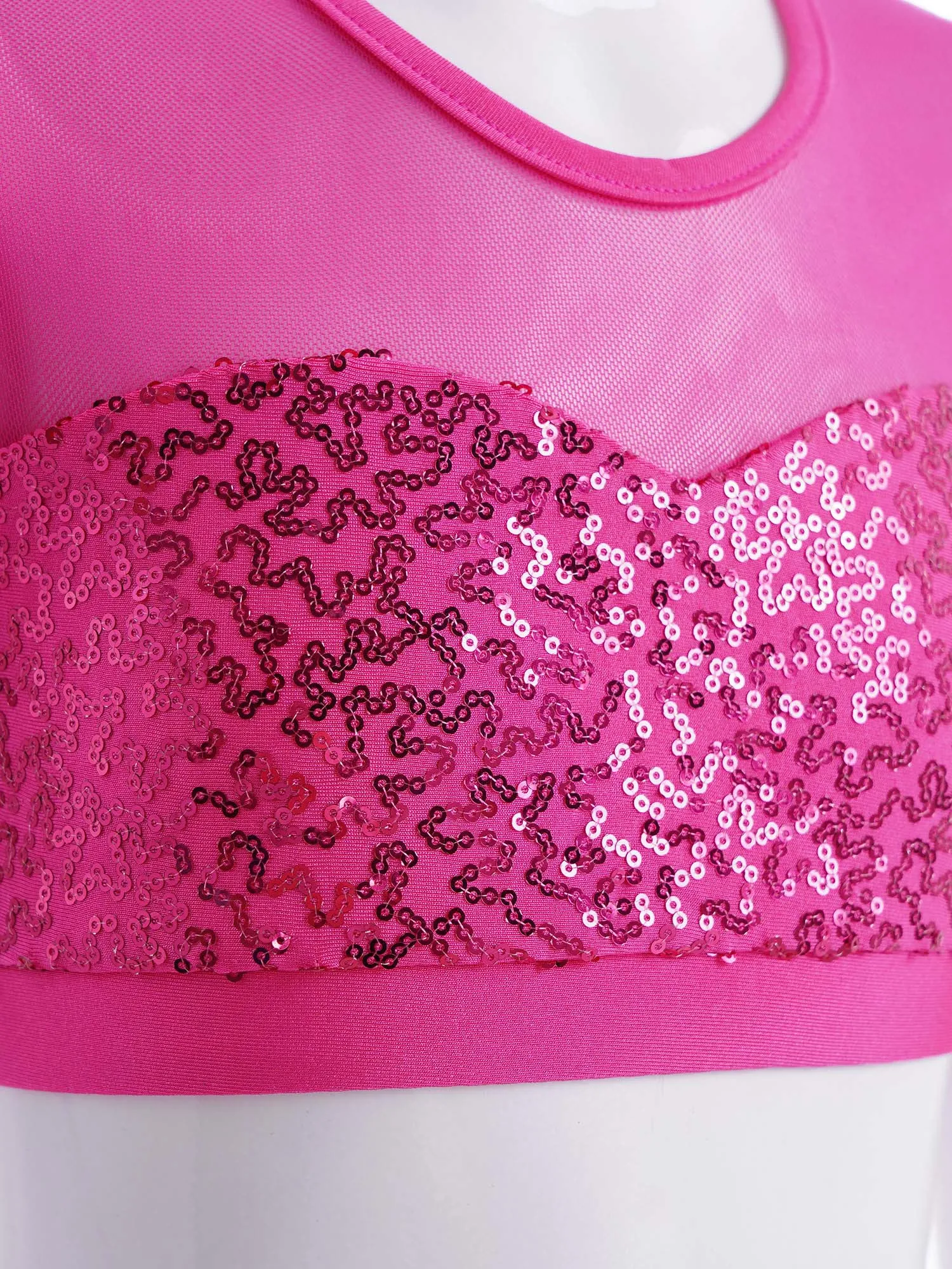 Kids Girls Ballet Dance Crop Top Mesh Short Sleeve Shiny Sequins Dance Tops Jazz Dance Costume Gymnastics Wear Dance Clothing