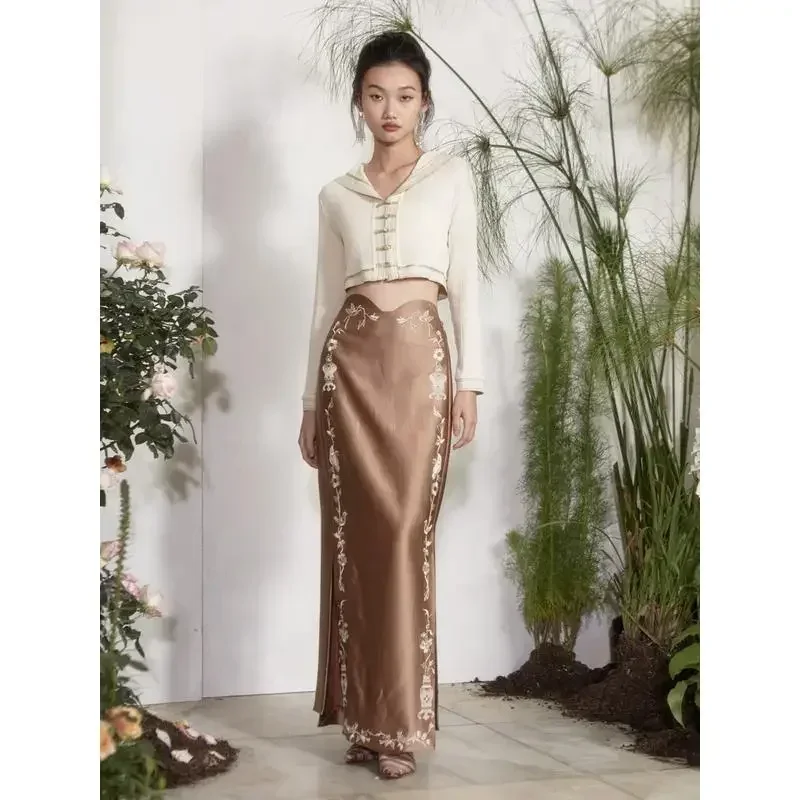 

Autumn Ethnic Style Champagne Color Floral Printed Side Slit Tang Suit Skirt Women's Clothing Elegant Party Skirt Plus Size 3xl