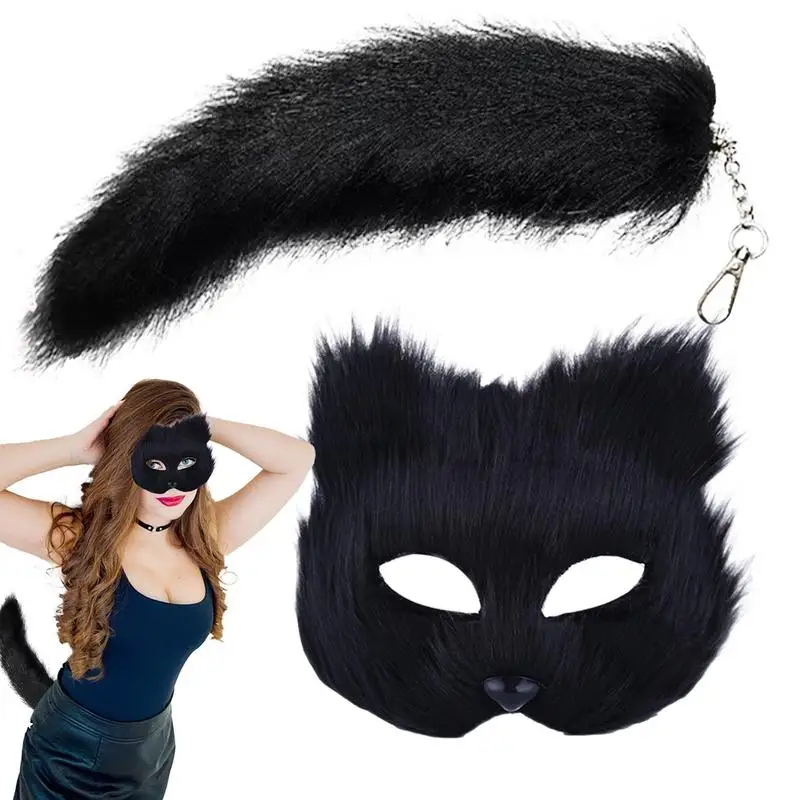 Animal Mask and Tail Set Halloween Cosplays Costume Accessorie Cats Mask Tail Half Face Faux Furs Foxes Tail Cats Mask