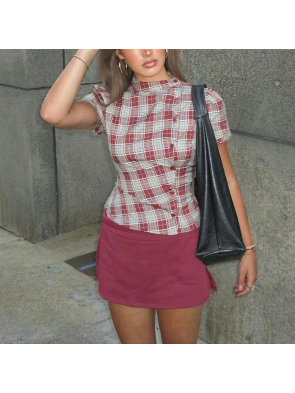 2026 new summer Y2K retro plaid stand up collar short sleeved lace up top, street fashion trend, niche, versatile, spicy girl